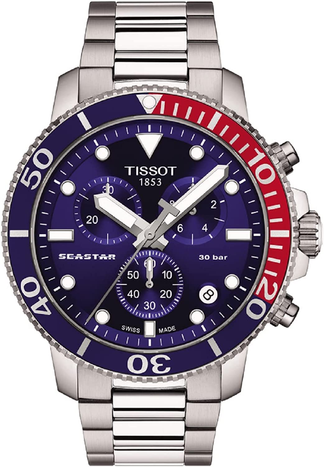 Tissot Mens Tissot Seastar 1000 Quartz Chronograph 316L Stainless Steel case Swiss Quartz Watch, Grey, Stainless Steel, 22 (T1204171104103)