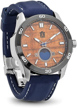 Load image into Gallery viewer, &quot;The Castaway&quot; Hawaiian Koa Wood Watch (47 mm Diameter, Chrome and Blue Silicone Band)
