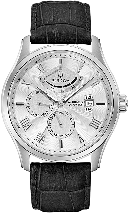 Bulova Classic 6 Hand, Power Reserve Mens Watch, Stainless Steel with Black Leather Strap, Silver-Tone (Model: 96C141)