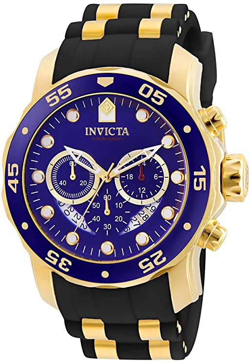 Invicta Men's Pro Diver Scuba 48mm Gold Tone Stainless Steel Quartz Watch with Black Silicone Strap, Blue (Model: 6983)