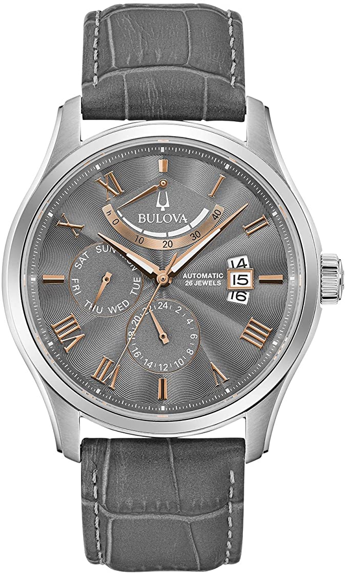 Bulova Classic 6 Hand, Power Reserve Mens Watch, Stainless Steel with Gray Leather Strap, Silver-Tone (Model: 96C143)