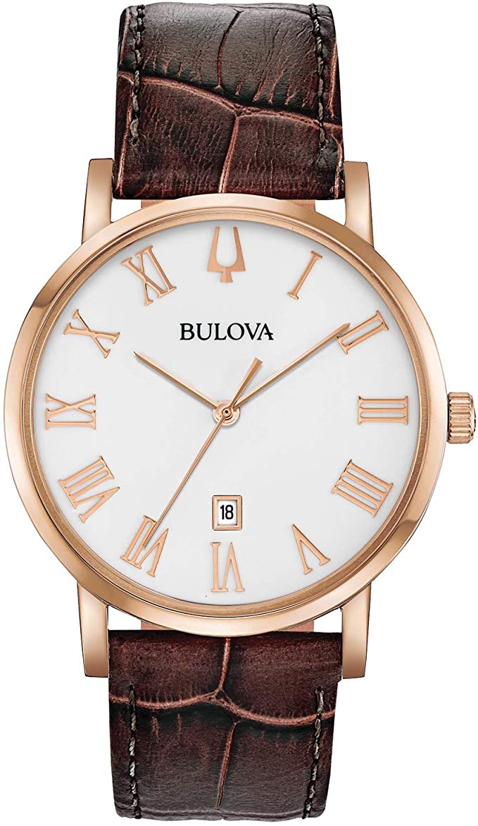 Bulova Classic Quartz Mens Watch, Stainless Steel with Brown Leather Strap, Rose Gold-Tone (Model: 97B184)