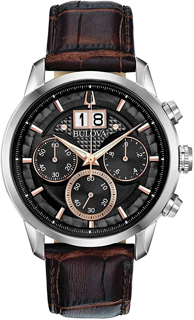 Bulova Classic Chronograph Mens Watch, Stainless Steel with Brown Leather Strap, Silver-Tone (Model: 96B311)