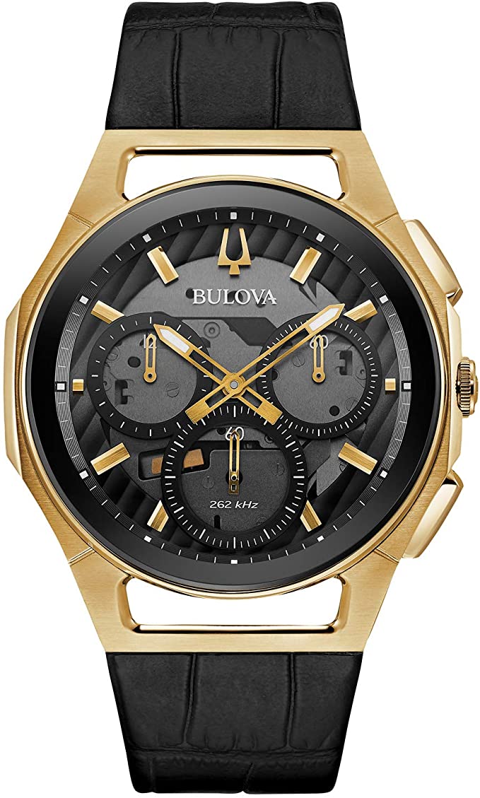 Bulova Curv Chronograph Mens Stainless Steel with Black Leather Strap, Gold-Tone (Model: 97A143)