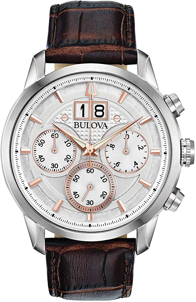 Bulova Classic Chronograph Mens Watch, Stainless Steel with Brown Leather Strap, Silver-Tone (Model: 96B309)