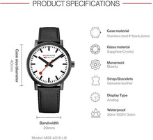 Load image into Gallery viewer, Mondaine SBB Wrist Watch for Men (MSE.40111.LB) Swiss Made, Railway Clock Design, Black Leather Strap, Black Stainless Steel Case
