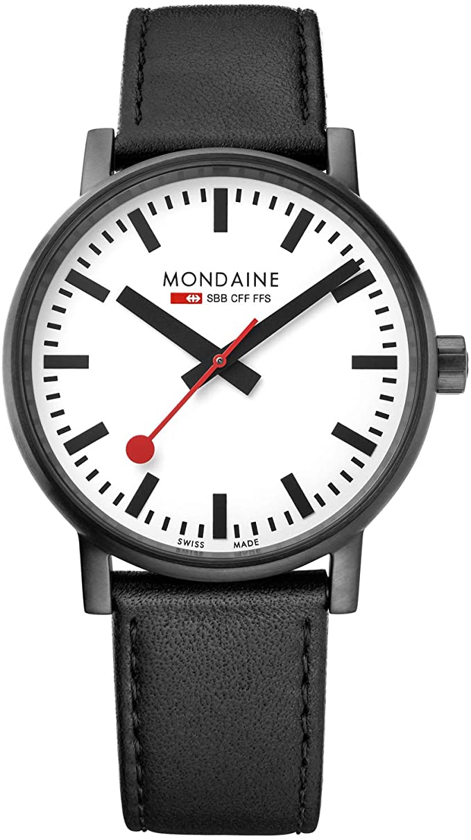 Mondaine SBB Wrist Watch for Men (MSE.40111.LB) Swiss Made, Railway Clock Design, Black Leather Strap, Black Stainless Steel Case