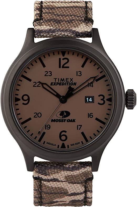 Timex x Mossy Oak Men's Expedition Scout 43mm Watch  Original Bottomland Camo Fabric & Leather Strap