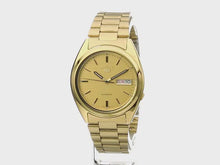 Load and play video in Gallery viewer, Seiko Men&#39;s SNXL72 Seiko 5 Automatic Gold-Tone Stainless Steel Bracelet Watch with Patterned Dial
