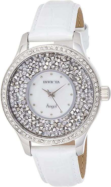 Invicta Women's Angel Stainless Steel Quartz Watch with Leather-Calfskin Strap, White, 18 (Model: 24591)