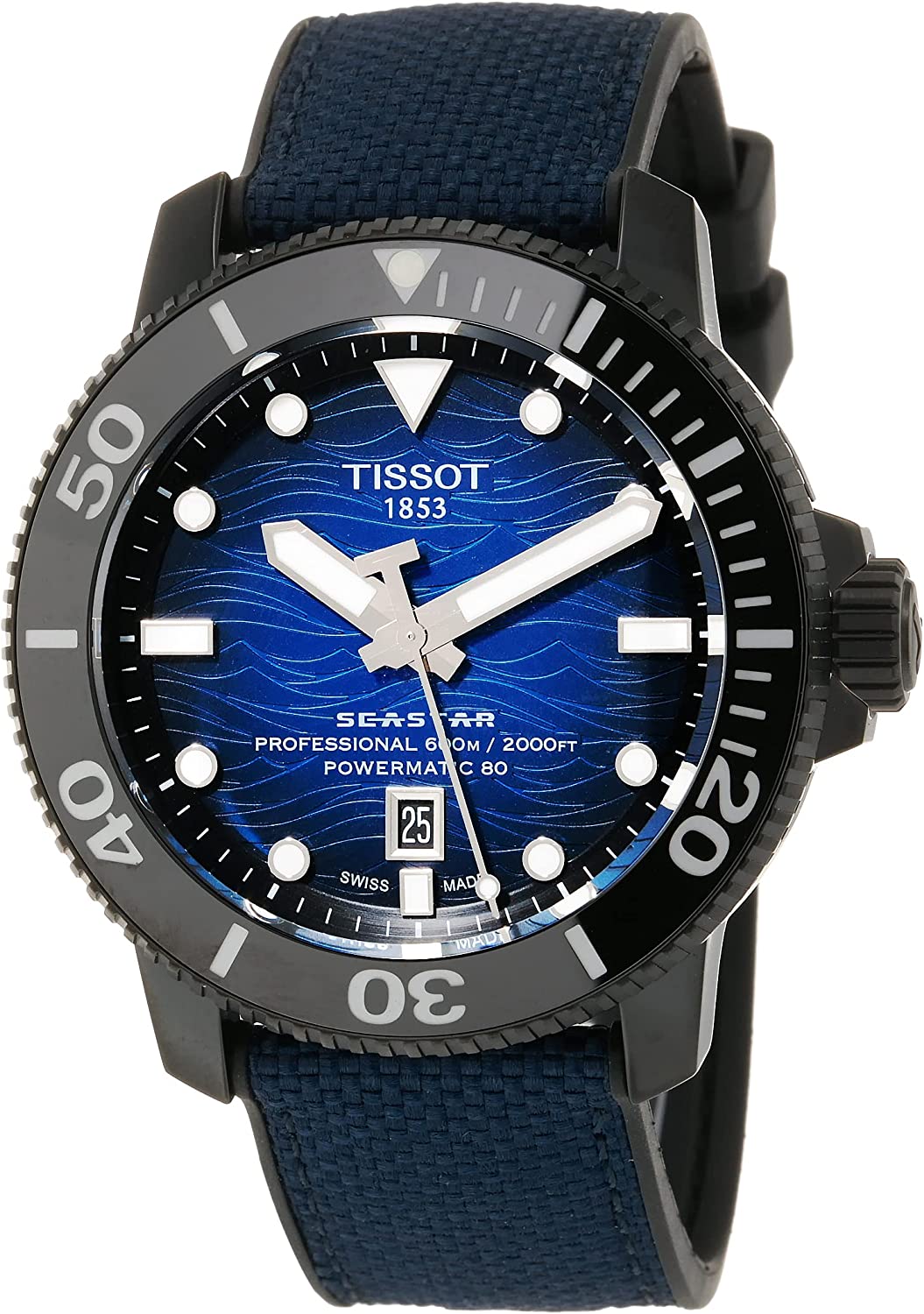Tissot Mens Tissot Seastar 2000 Professional Powermatic 80 316L Stainless Steel case with Black PVD Coating Automatic Watch, Blue/Black, Rubber, 22 (T1206073704100)