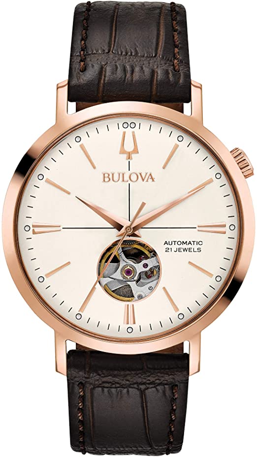 Bulova Classic Automatic Mens Stainless Steel with Brown Stainless Steel Strap, Rose Gold-Tone (Model: 97A136)
