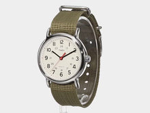 Load and play video in Gallery viewer, Timex Unisex T2N651 Weekender 38mm Olive Nylon Slip-Thru Strap Watch
